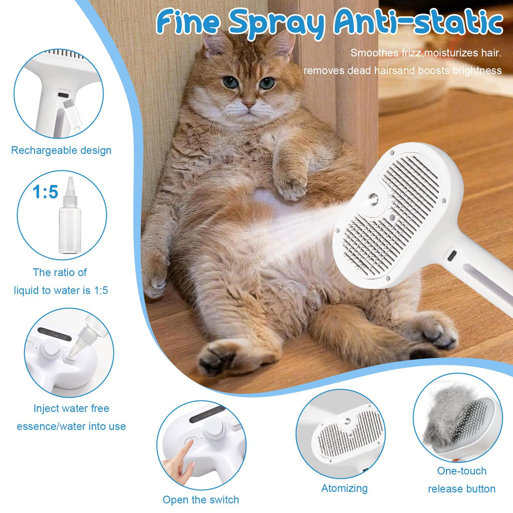Pet Steam Brush For Cats & Dogs, Cool Mist Self-Cleaning Comb, White Cool Mist Pet Brush With Self-cleaning Hair Release, Stainless Steel Bristles And Grooming Essence For Cats And Dogs