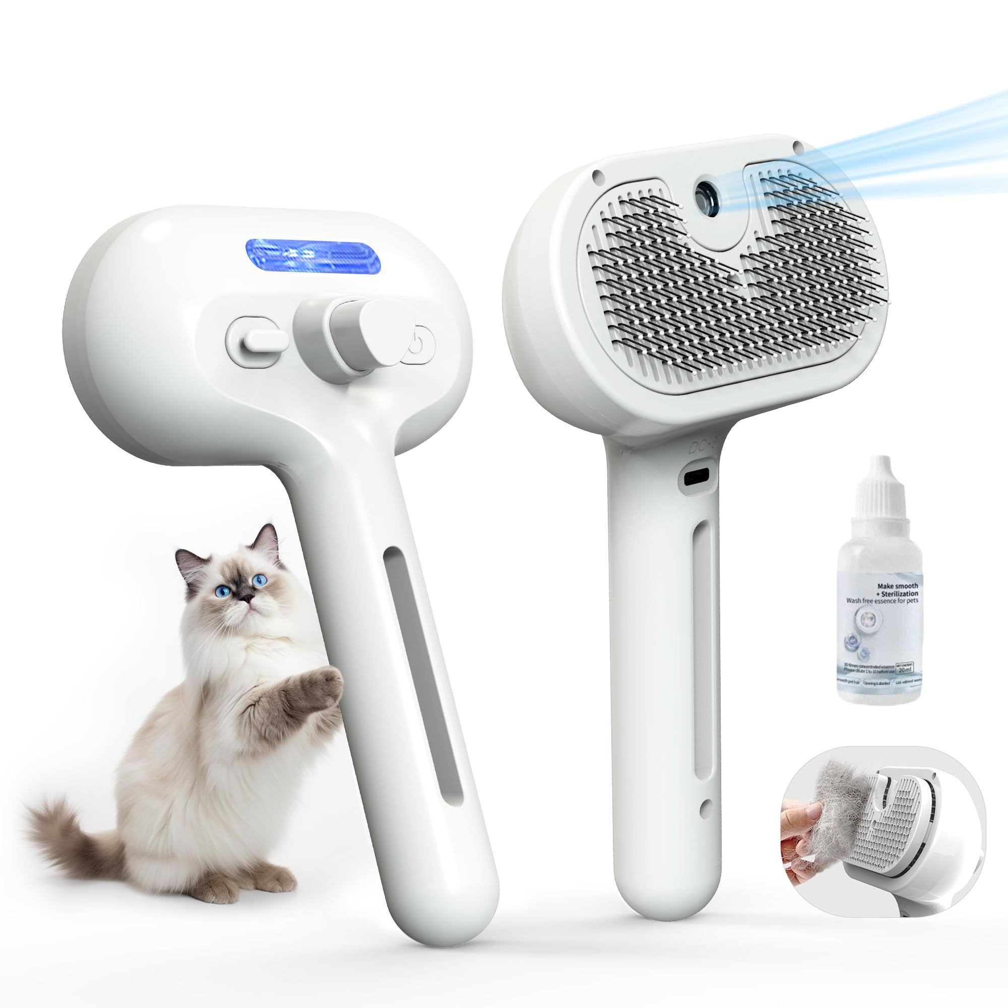 Pet Steam Brush For Cats & Dogs, Cool Mist Self-Cleaning Comb, White Cool Mist Pet Brush With Self-cleaning Hair Release, Stainless Steel Bristles And Grooming Essence For Cats And Dogs