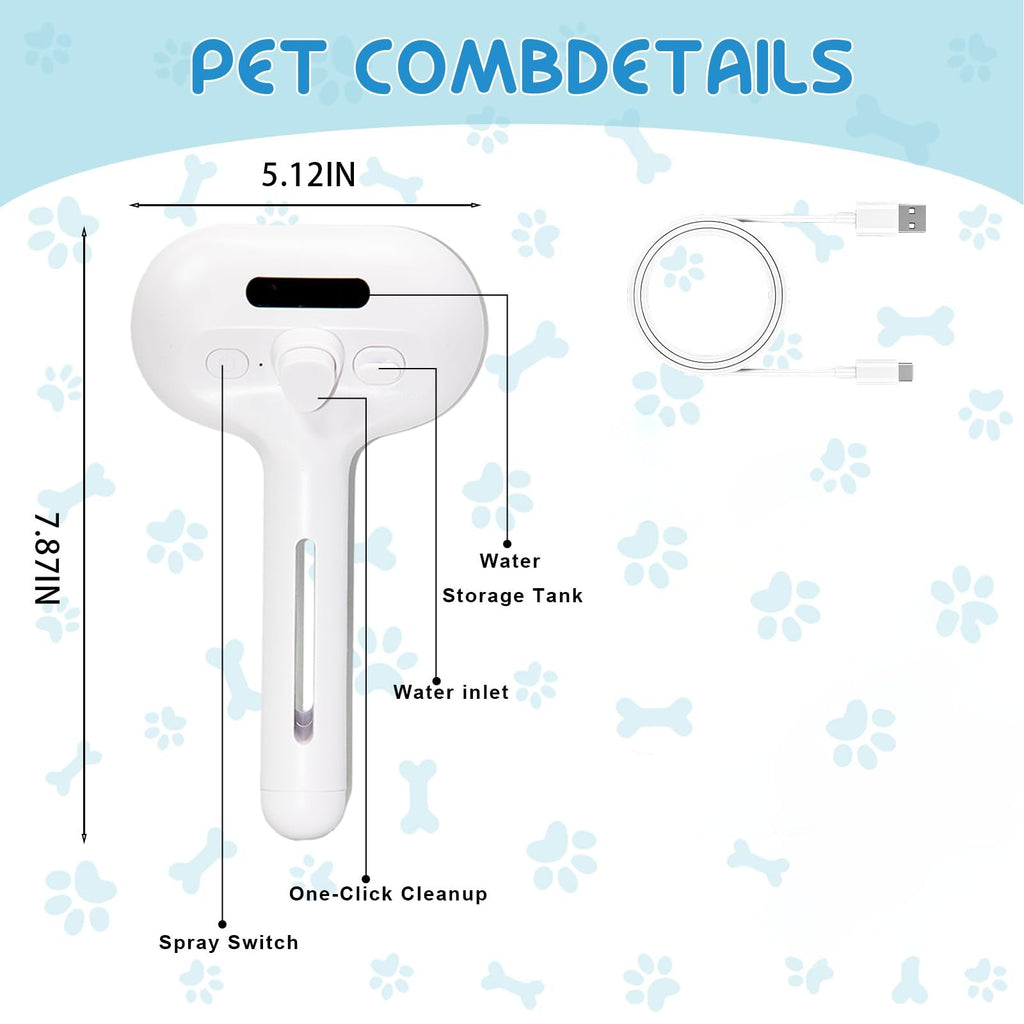 Pet Steam Brush For Cats & Dogs, Cool Mist Self-Cleaning Comb, White Cool Mist Pet Brush With Self-cleaning Hair Release, Stainless Steel Bristles And Grooming Essence For Cats And Dogs