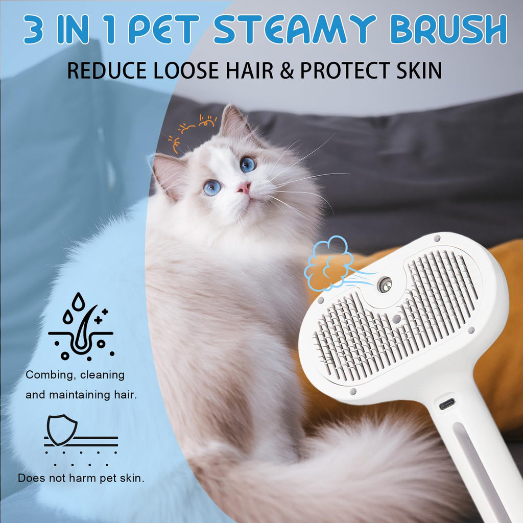 Pet Steam Brush For Cats & Dogs, Cool Mist Self-Cleaning Comb, White Cool Mist Pet Brush With Self-cleaning Hair Release, Stainless Steel Bristles And Grooming Essence For Cats And Dogs