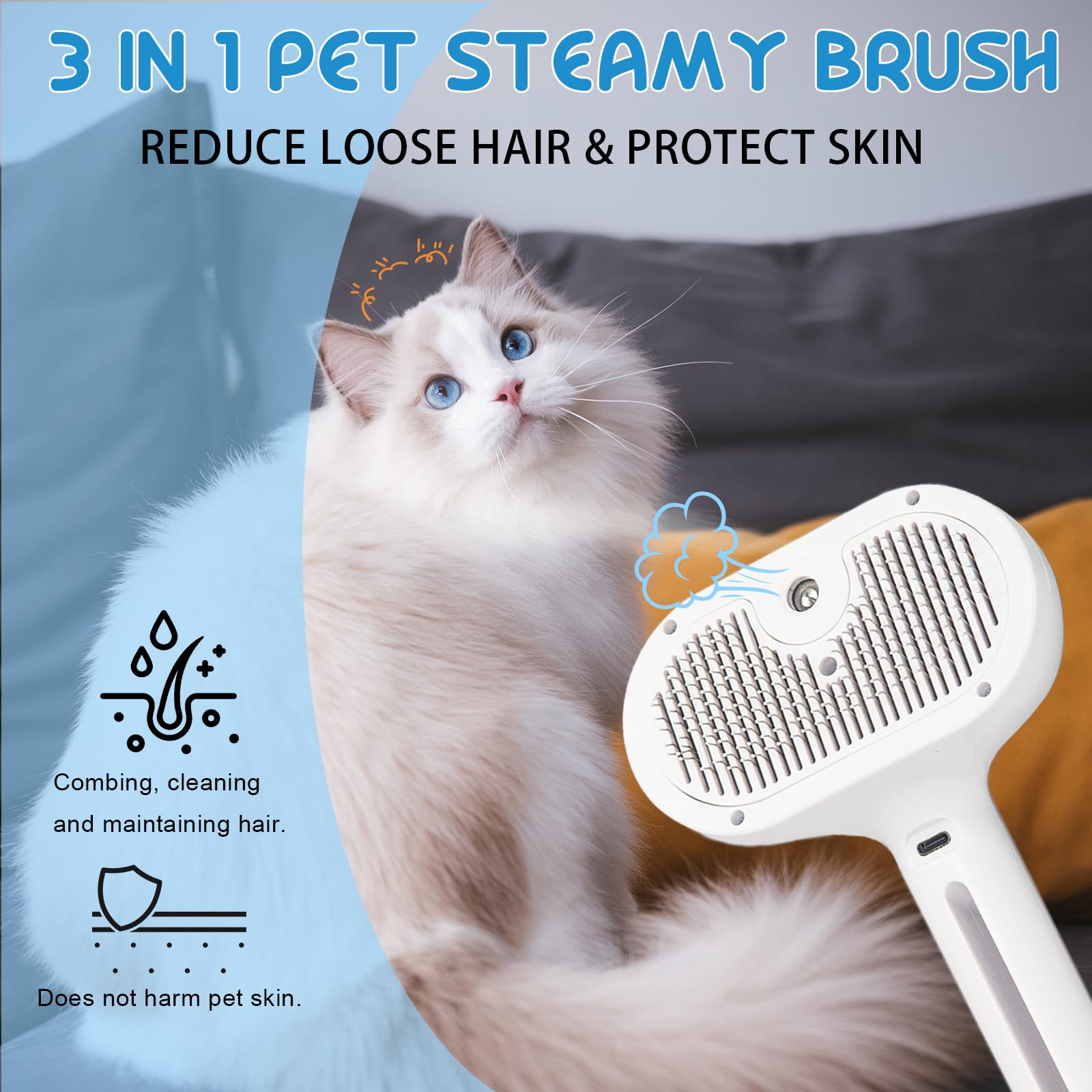 Pet Steam Brush For Cats & Dogs, Cool Mist Self-Cleaning Comb, White Cool Mist Pet Brush With Self-cleaning Hair Release, Stainless Steel Bristles And Grooming Essence For Cats And Dogs