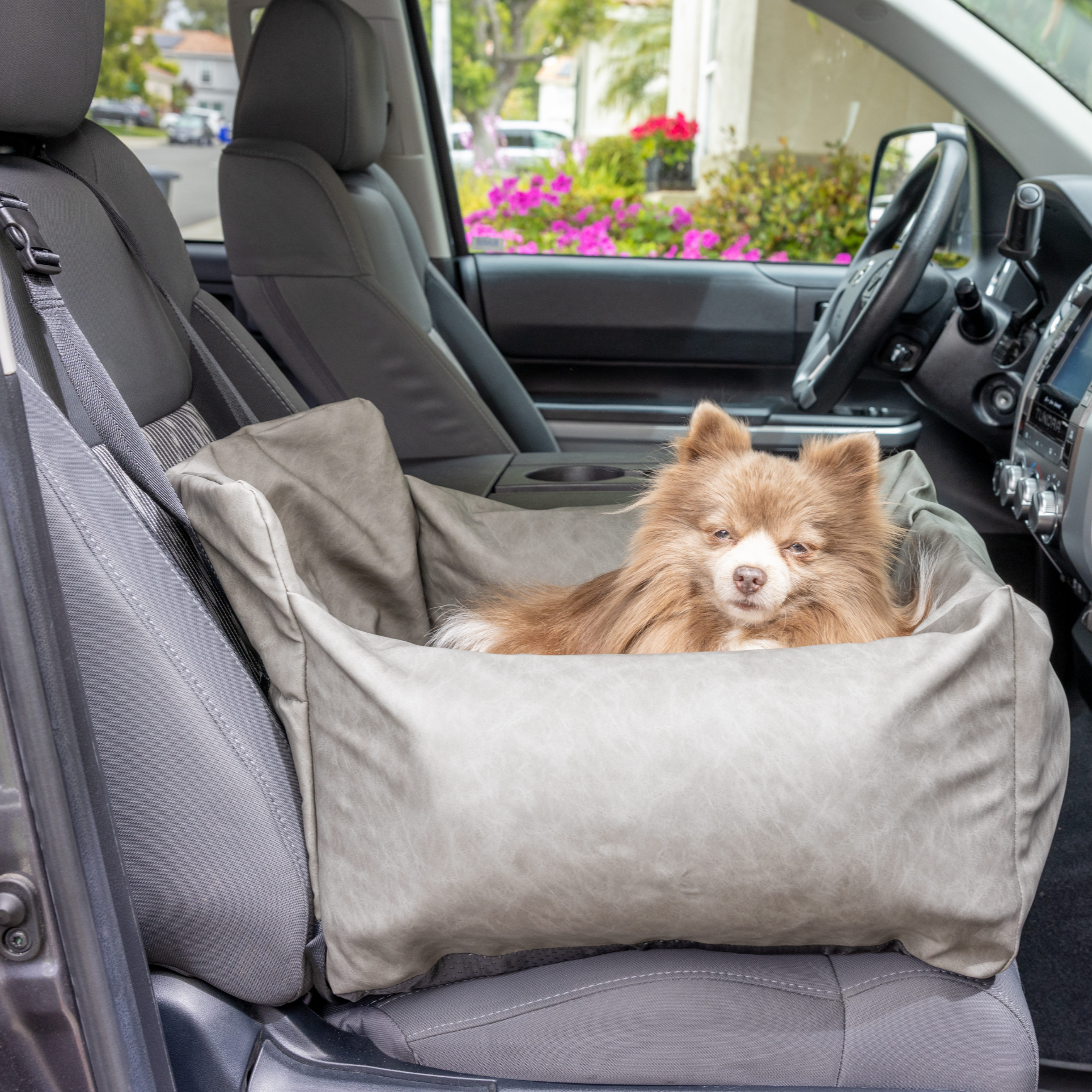 PupProtector™ Faux Cool-to-Touch Vegan Leather Memory Foam Dog Car Bed - Slate Gray