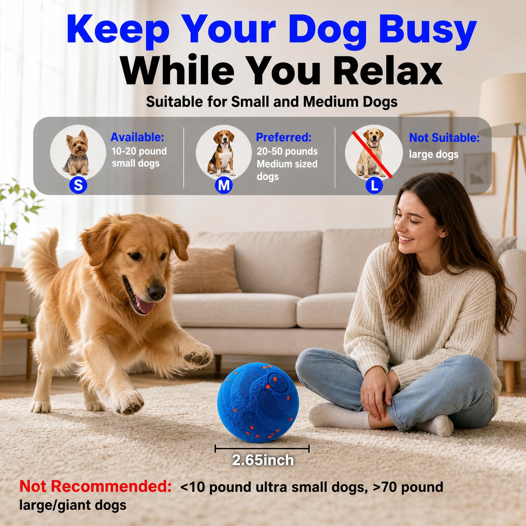 Interactive Dog Toy Ball,Automatic Interactive Dog Ball- Self Moving Toy For Small Medium  Motion Activated, Durable ChewProof ETPU Material, USB Rechargeable, Relieves Boredom