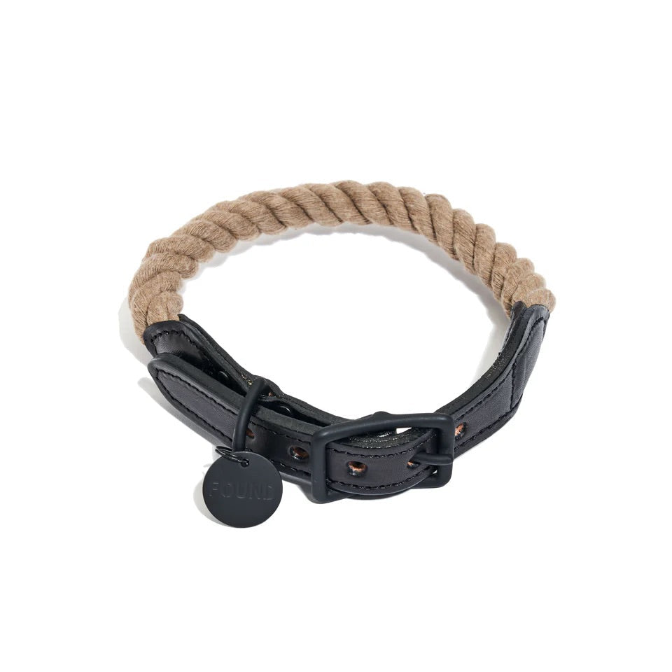 Found My Animal Matte Black/Natural Rope & Leather Collar Medium