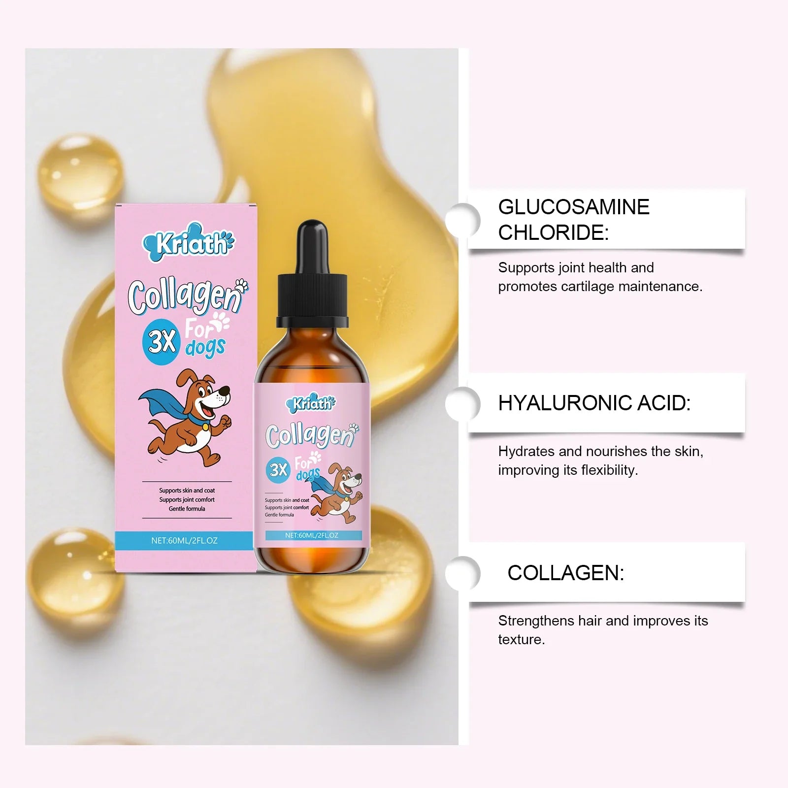 60ml Dog Collagen Drops Support Bone Joint Health Pet Hair Skin Care Dietary Supplement Mild Formula Pet Nutritional Solution