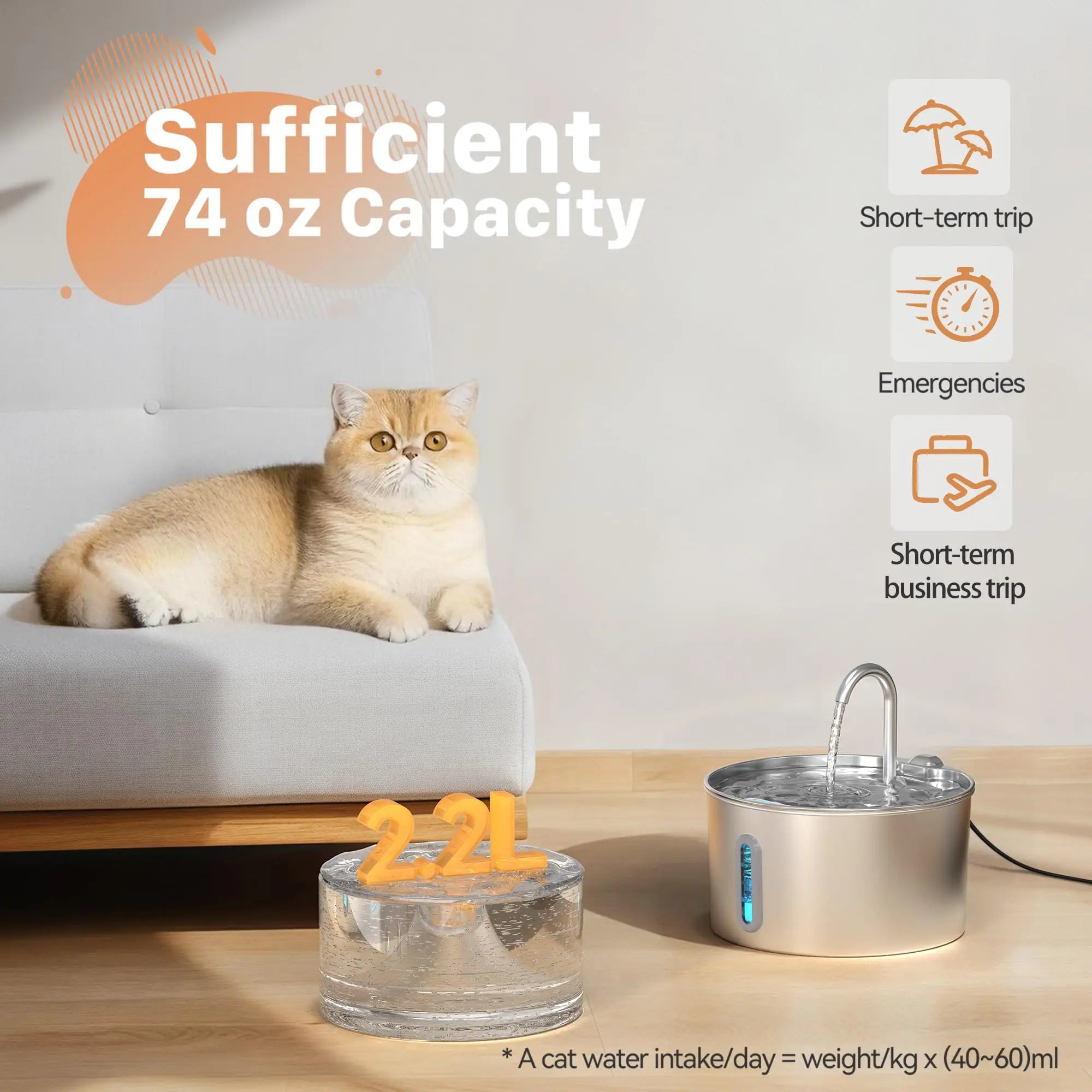 ZYFeeder 2.2L Automatic Water Fountain Stainless Steel Pet Water Feeder Cat/Dog Drink Bowl Water Dispenser Silent With Window