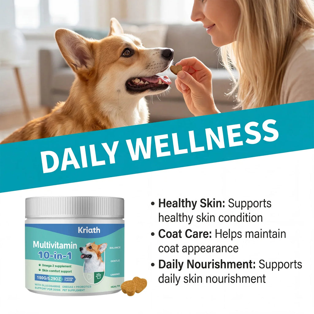 Kriath 10-in-1 Multivitamin Dog Supplement - Promotes Skin and Hair Health, Supports Gut Health, Mobility and Overall Health