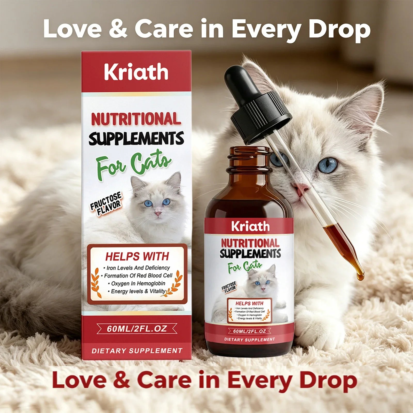 Kriath Cat Nutritional Supplement Drop Boost Energy Vitality & Red Blood Promote Healthy Growth Multivitamin Iron Support Liquid