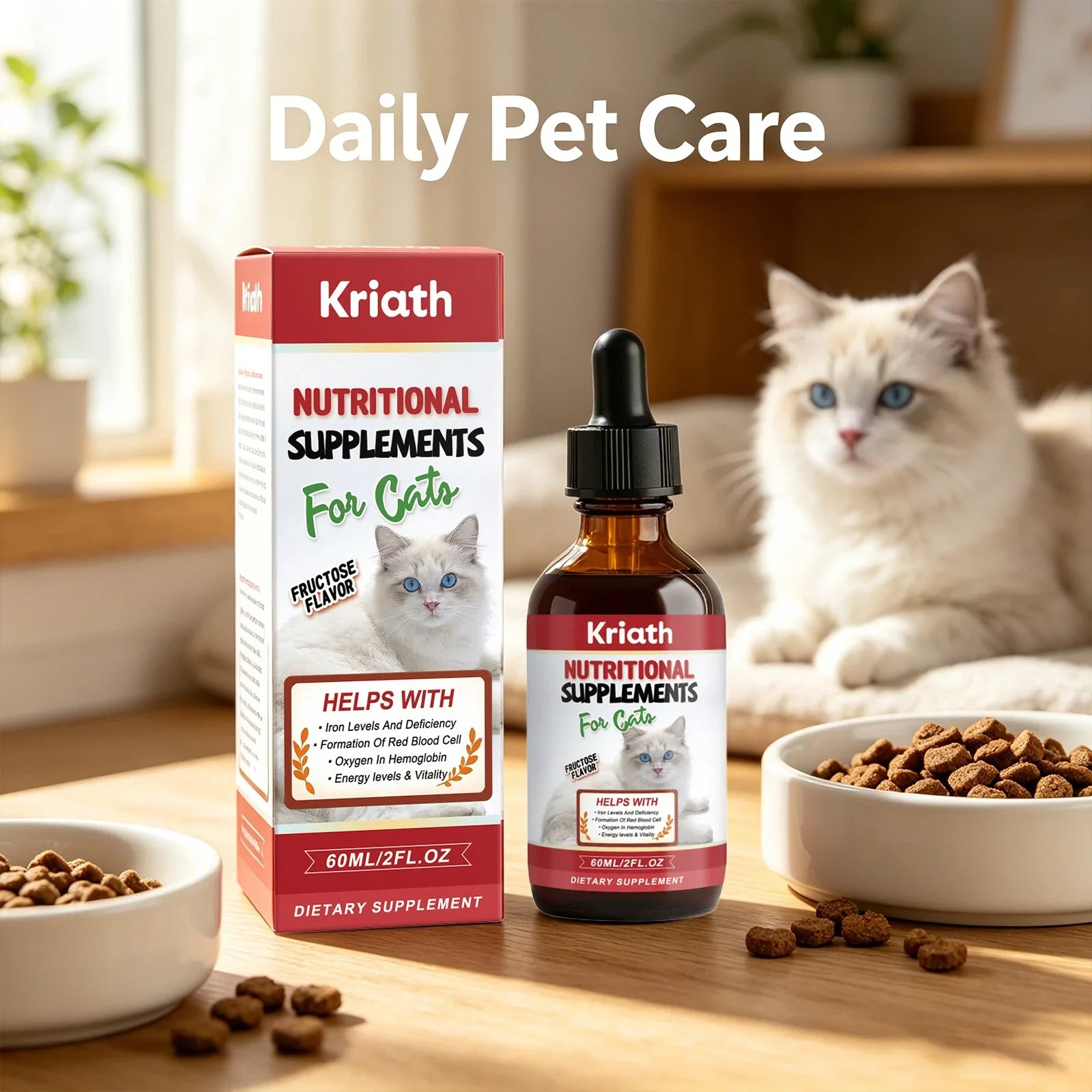Kriath Cat Nutritional Supplement Drop Boost Energy Vitality & Red Blood Promote Healthy Growth Multivitamin Iron Support Liquid
