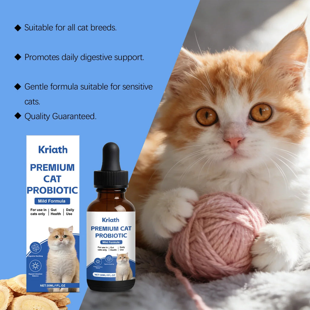 Kriath Cat Probiotic Liquid Drops 30ml Mild Formula Pet Gut Health Supplement Support Intestinal Balance for Cats