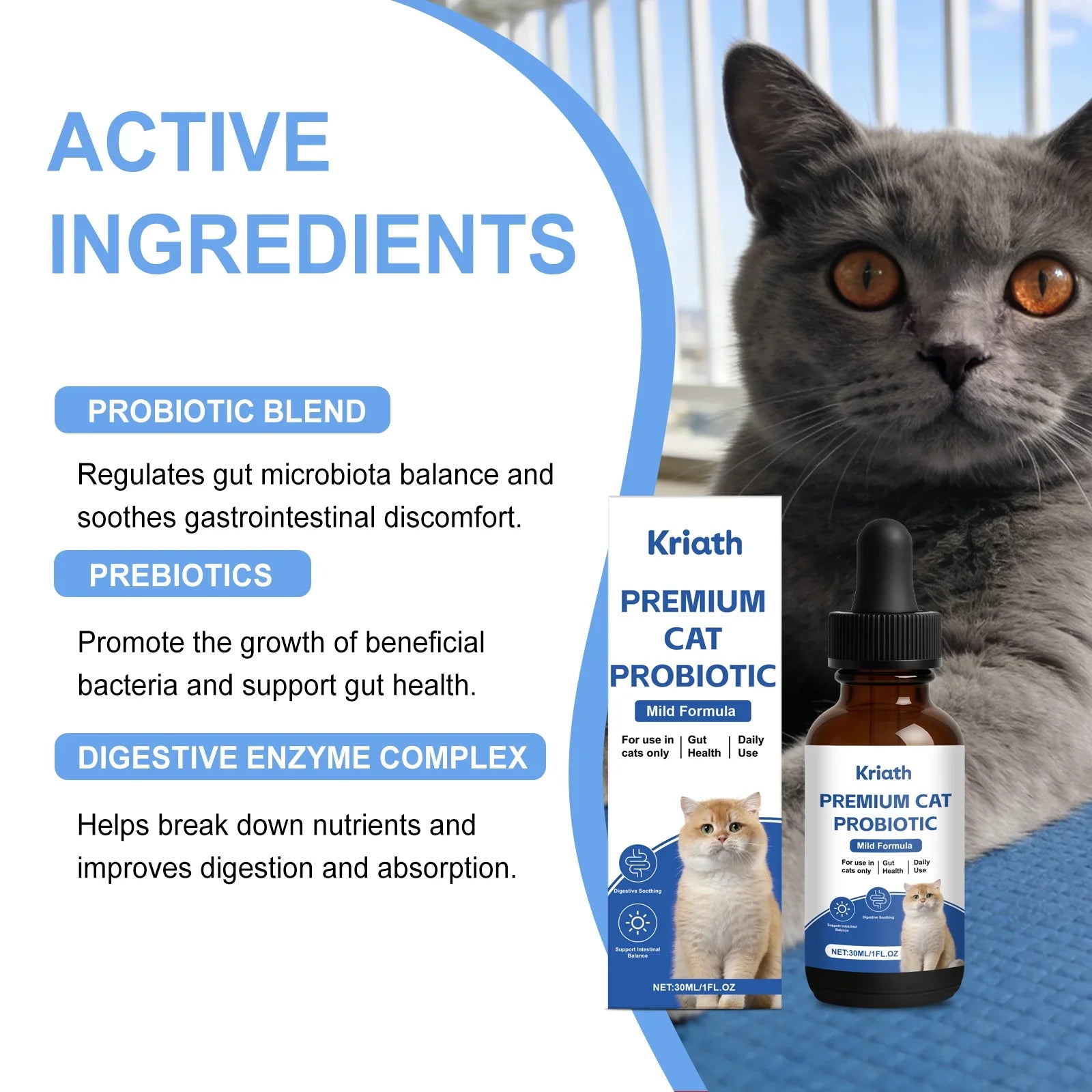 Kriath Cat Probiotic Liquid Drops 30ml Mild Formula Pet Gut Health Supplement Support Intestinal Balance for Cats