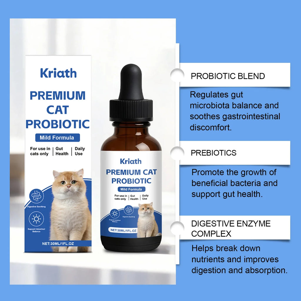 Kriath Cat Probiotic Liquid Drops 30ml Mild Formula Pet Gut Health Supplement Support Intestinal Balance for Cats