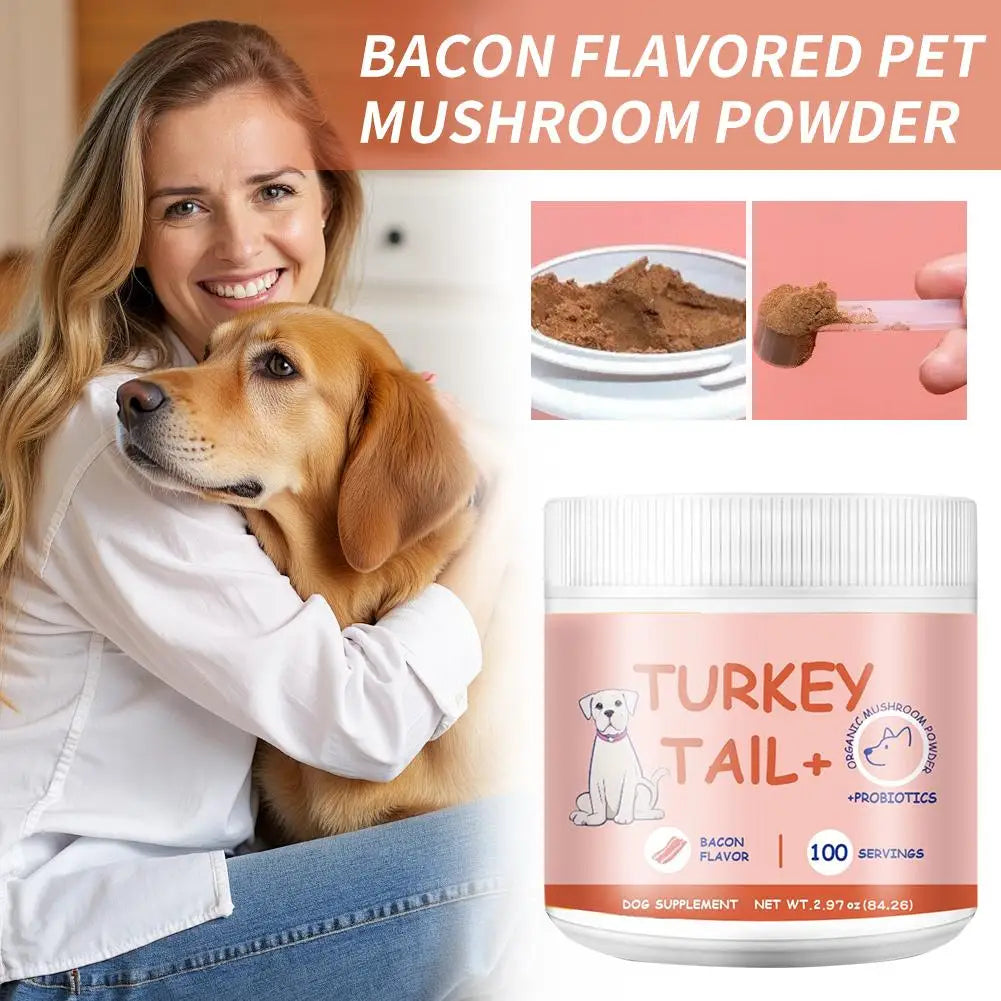 Mushroom Powder for Dogs & Cats Bacon Flavor Pet Immune Support Supplement Natural Gut Health Powder with Sea Salt