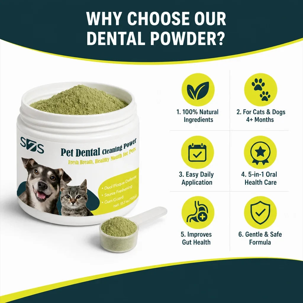 Natural Pet Dental Powder Clean Dog Teeth, Plaque Remover, Breath Treatment for Cats, Tartar Removal, Oral Care Food Supplement