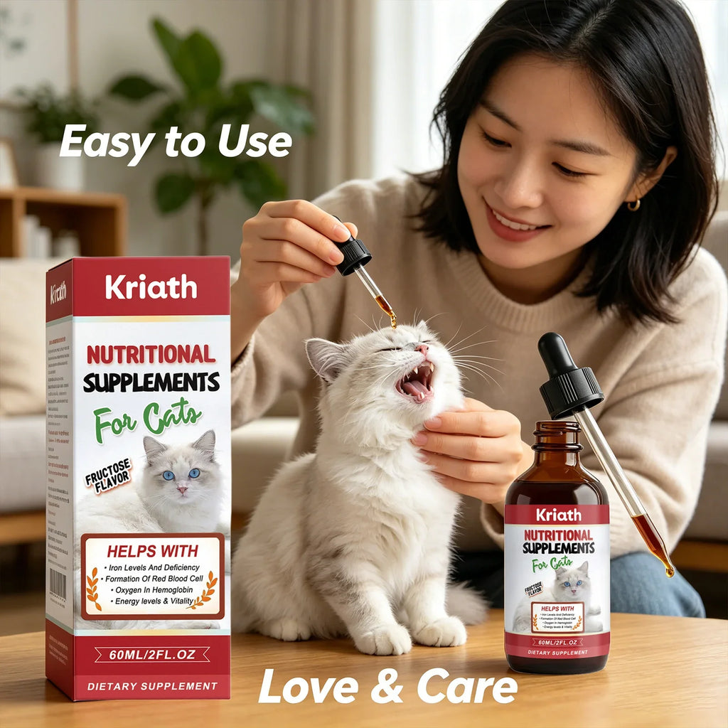 Kriath Cat Nutritional Supplement Drop Boost Energy Vitality & Red Blood Promote Healthy Growth Multivitamin Iron Support Liquid