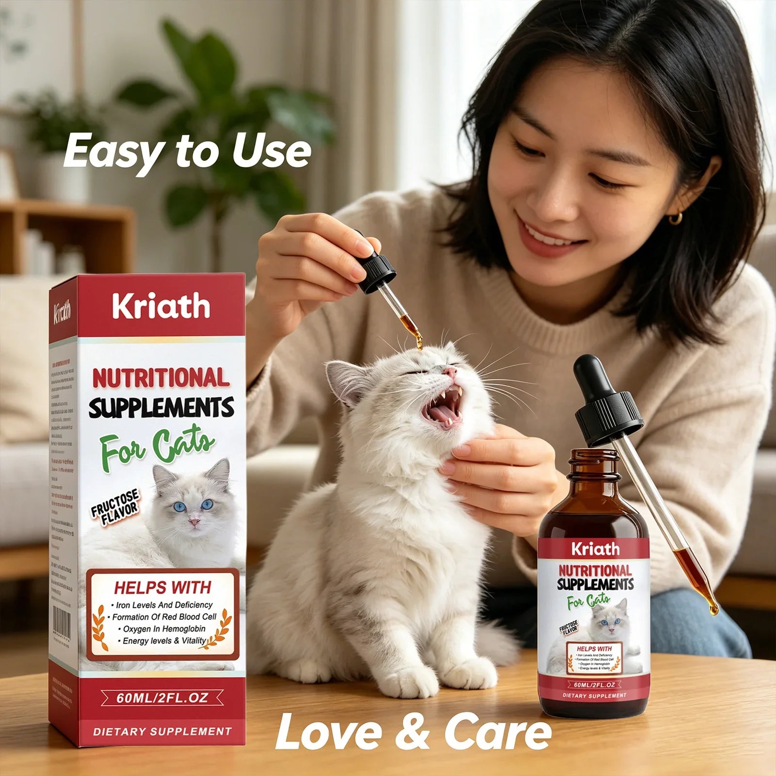 Kriath Cat Nutritional Supplement Drop Boost Energy Vitality & Red Blood Promote Healthy Growth Multivitamin Iron Support Liquid
