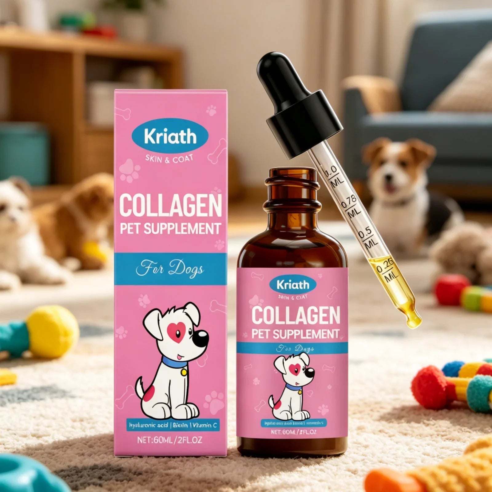 Kriath Dog Collagen Supplement Improve Dry Itchy Skin Smooth Damaged Fragile Hair Strengthen Dog Nails Canine Nutritional Drops