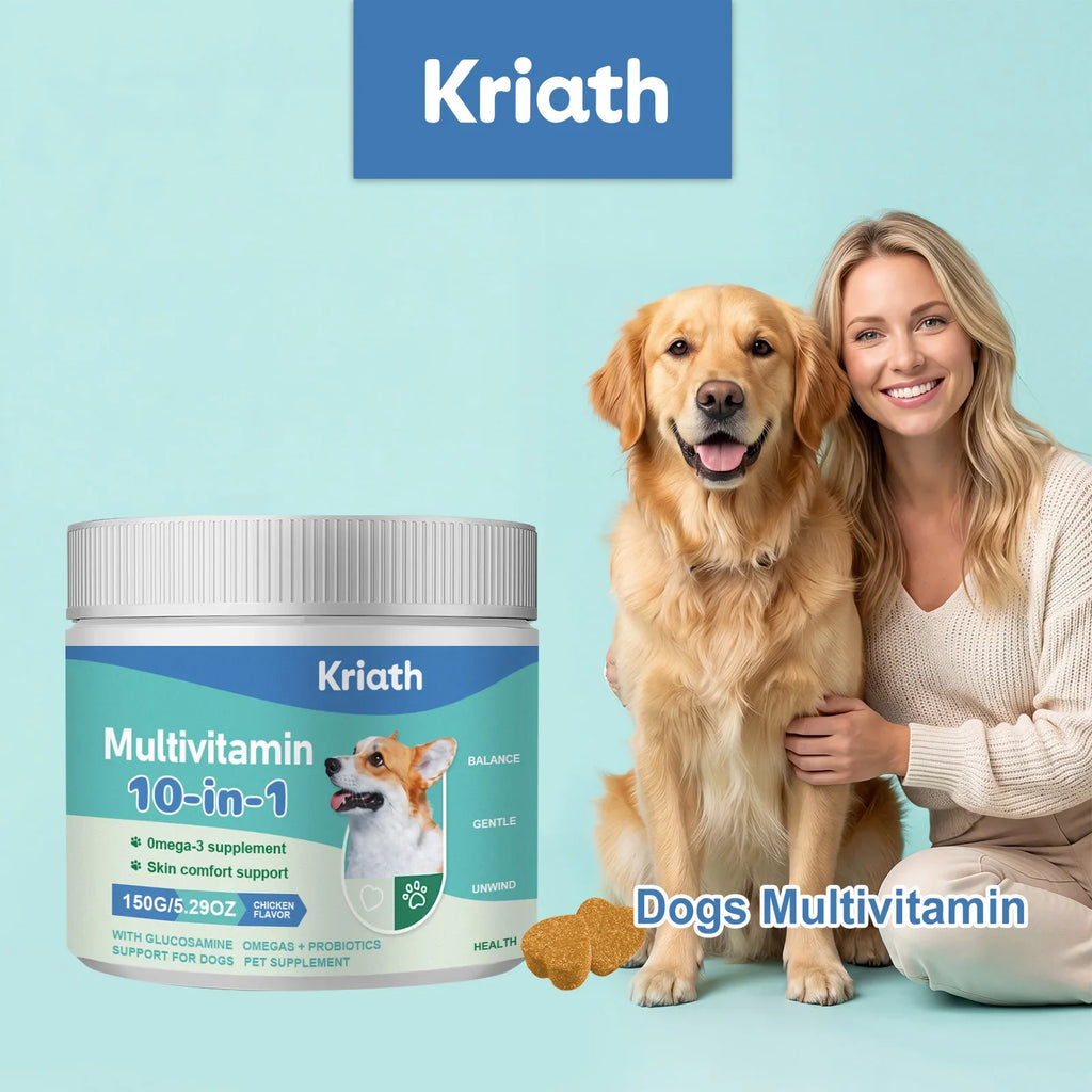 Kriath 10-in-1 Multivitamin Dog Supplement - Promotes Skin and Hair Health, Supports Gut Health, Mobility and Overall Health