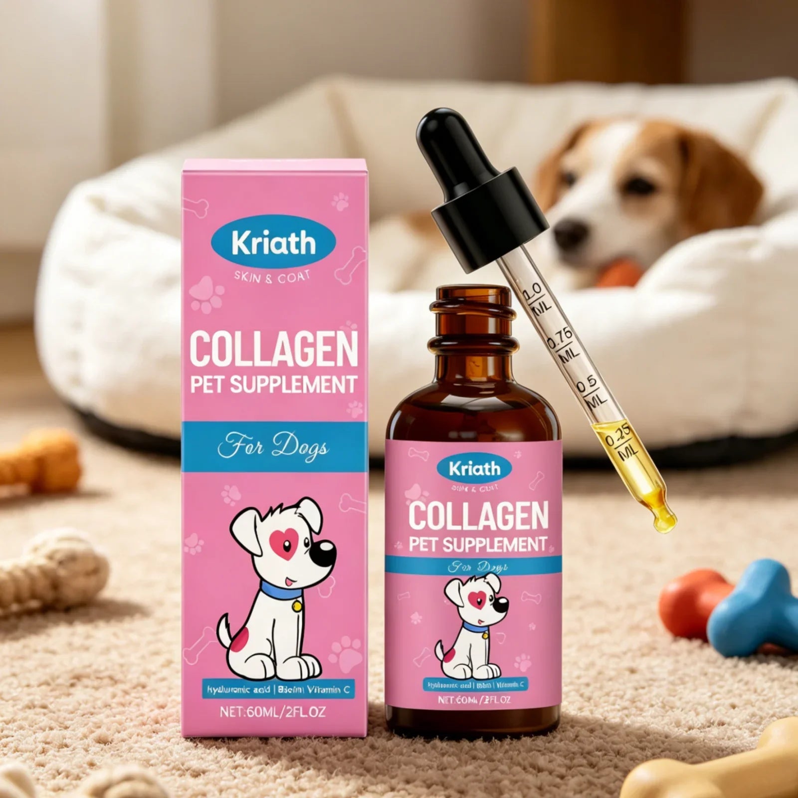 Kriath Dog Collagen Supplement Improve Dry Itchy Skin Smooth Damaged Fragile Hair Strengthen Dog Nails Canine Nutritional Drops