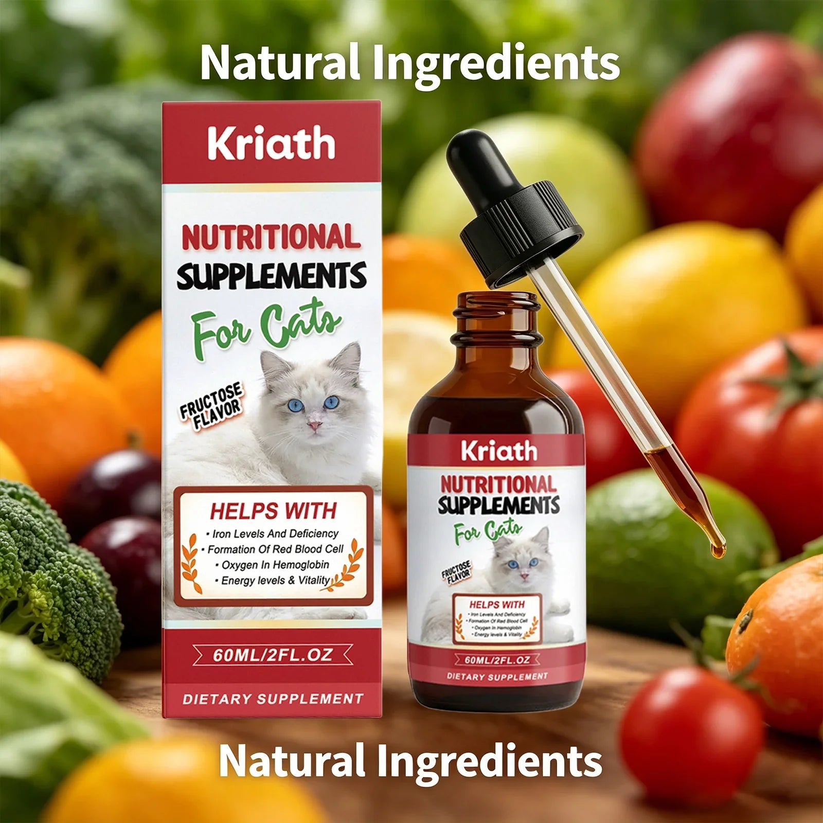 Kriath Cat Nutritional Supplement Drop Boost Energy Vitality & Red Blood Promote Healthy Growth Multivitamin Iron Support Liquid