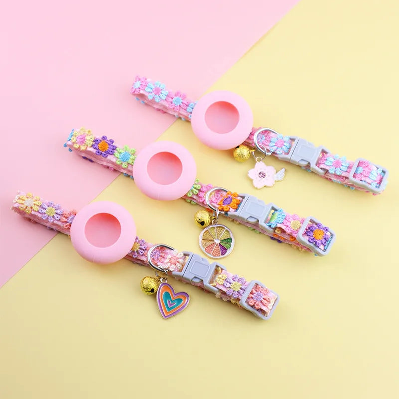 For Airtag Cat Collar with Heart Pendant Girl Cat Cute Flower Positioning Cover Cat Collar Kitten Puppy Rabbit Without Airtag