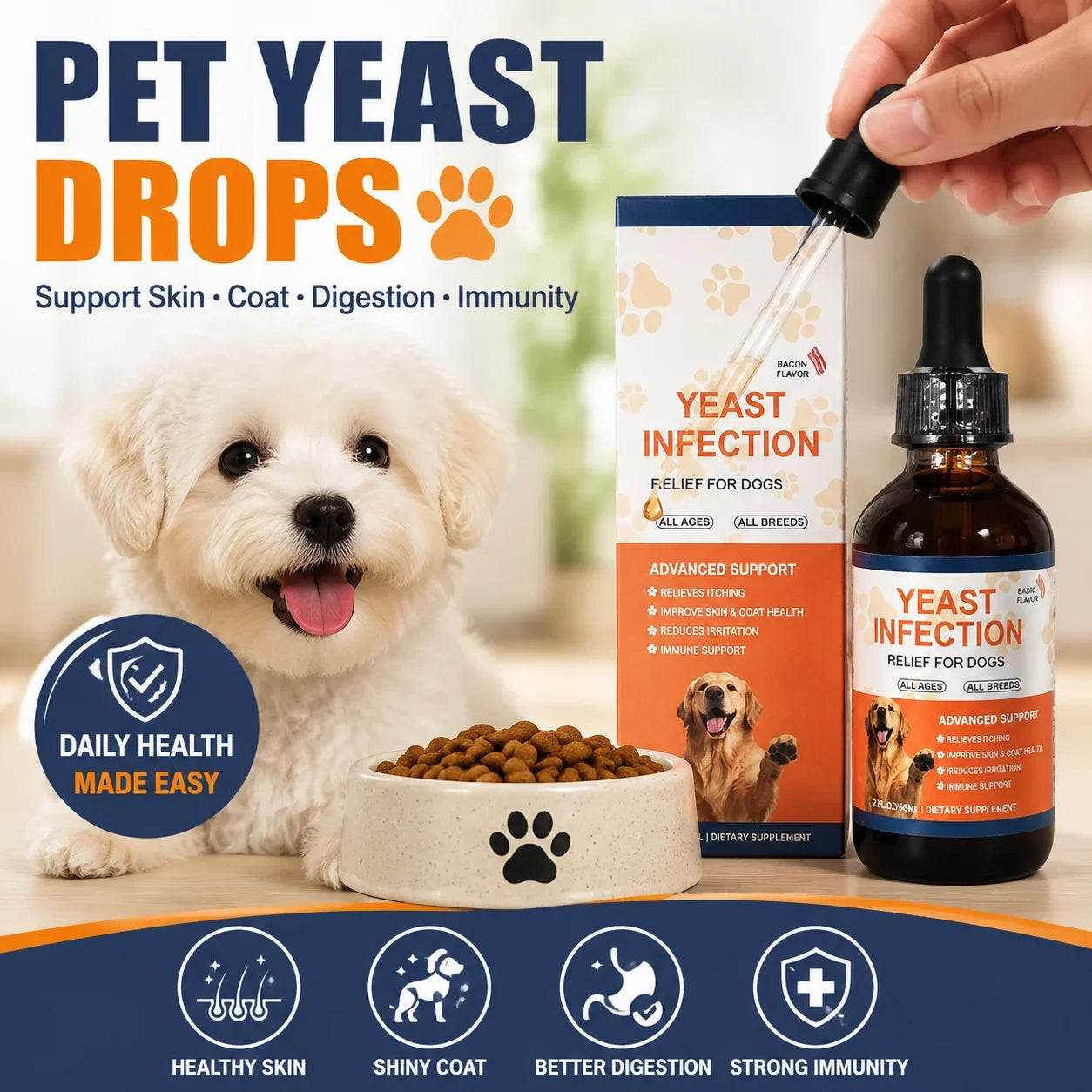Dog Yeast Infection Relief Drops Itch Relief Pet Liquid Supplement Skin Coat Health Ear Eye Care Bacon Flavor 60ml