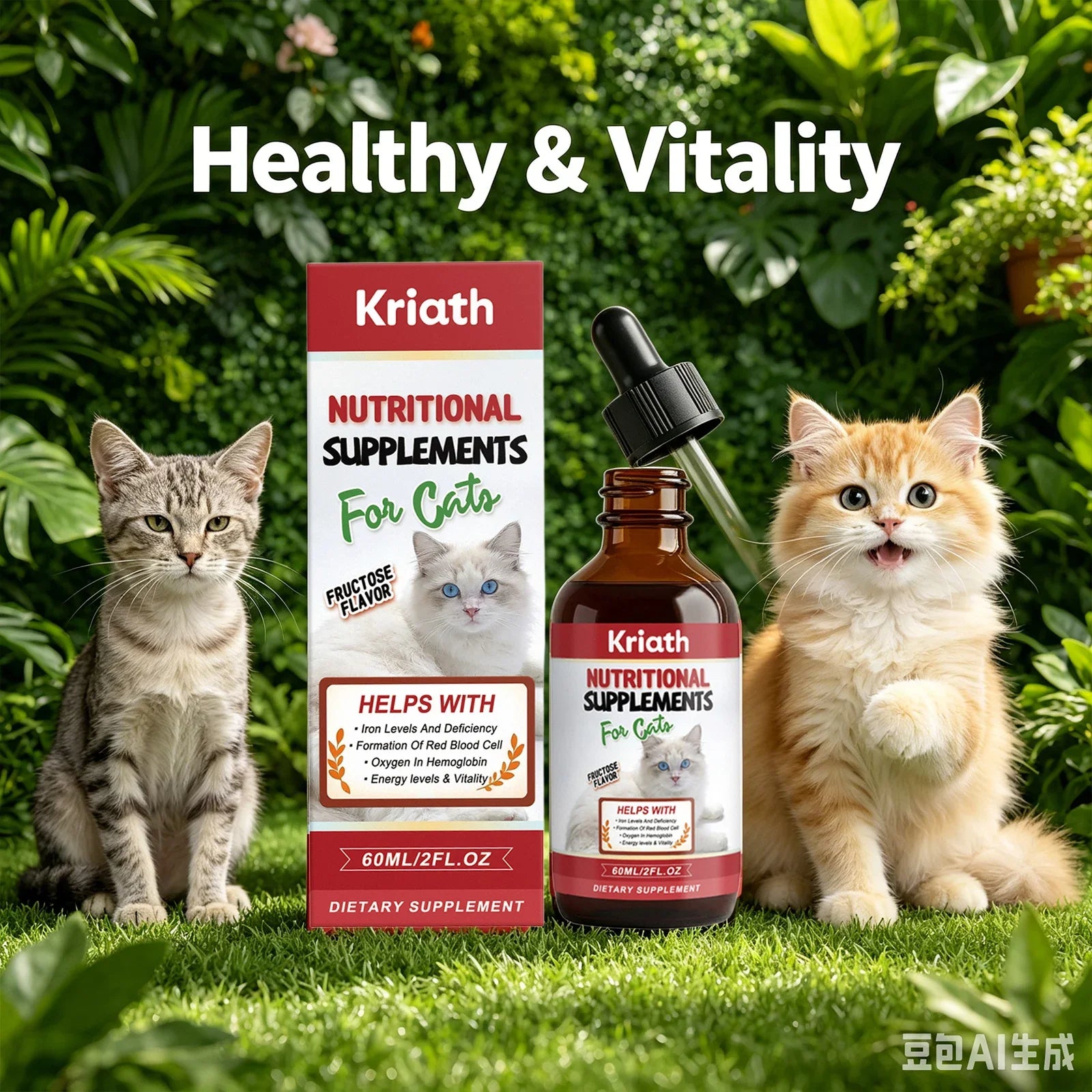Kriath Cat Nutritional Supplement Drop Boost Energy Vitality & Red Blood Promote Healthy Growth Multivitamin Iron Support Liquid
