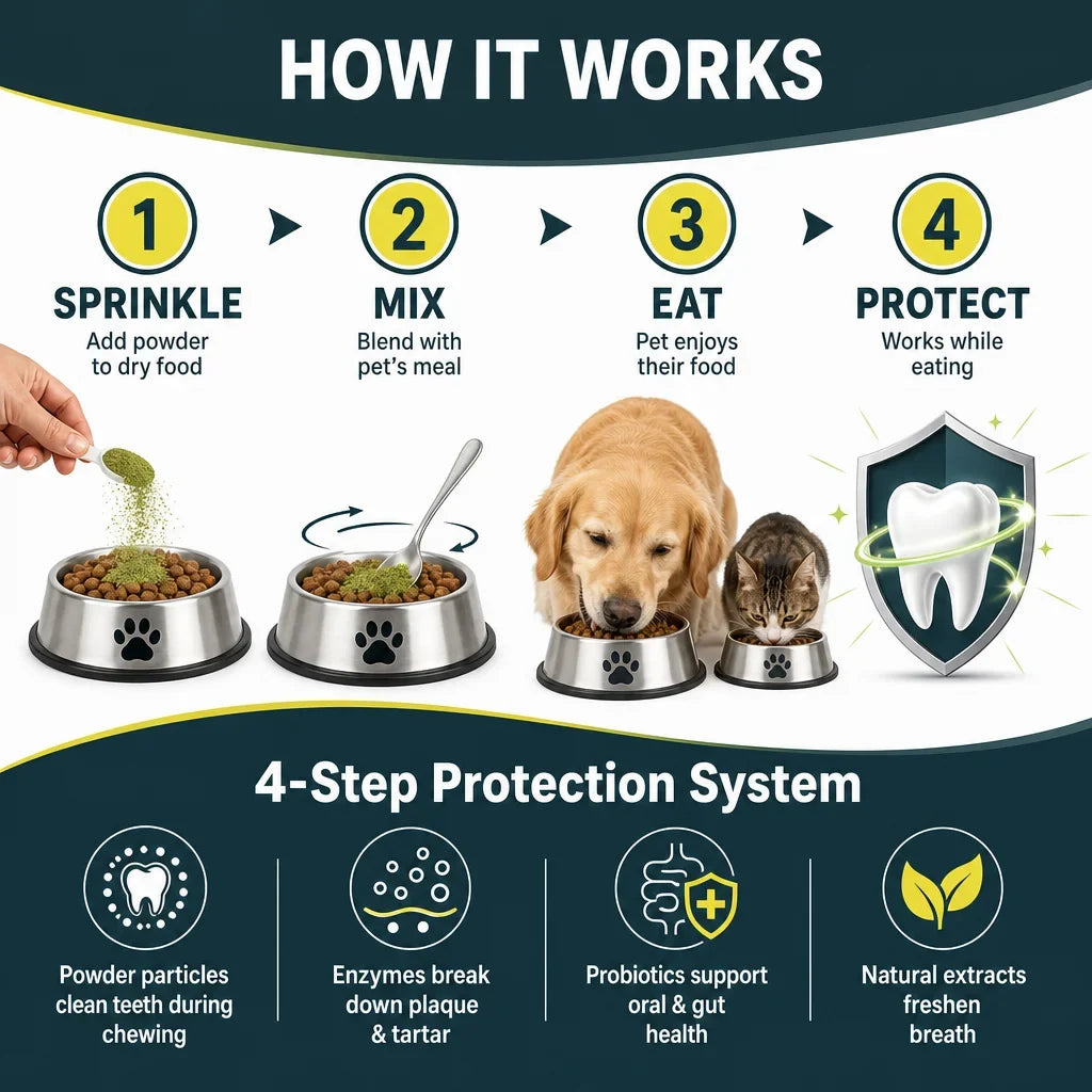 Natural Pet Dental Powder Clean Dog Teeth, Plaque Remover, Breath Treatment for Cats, Tartar Removal, Oral Care Food Supplement
