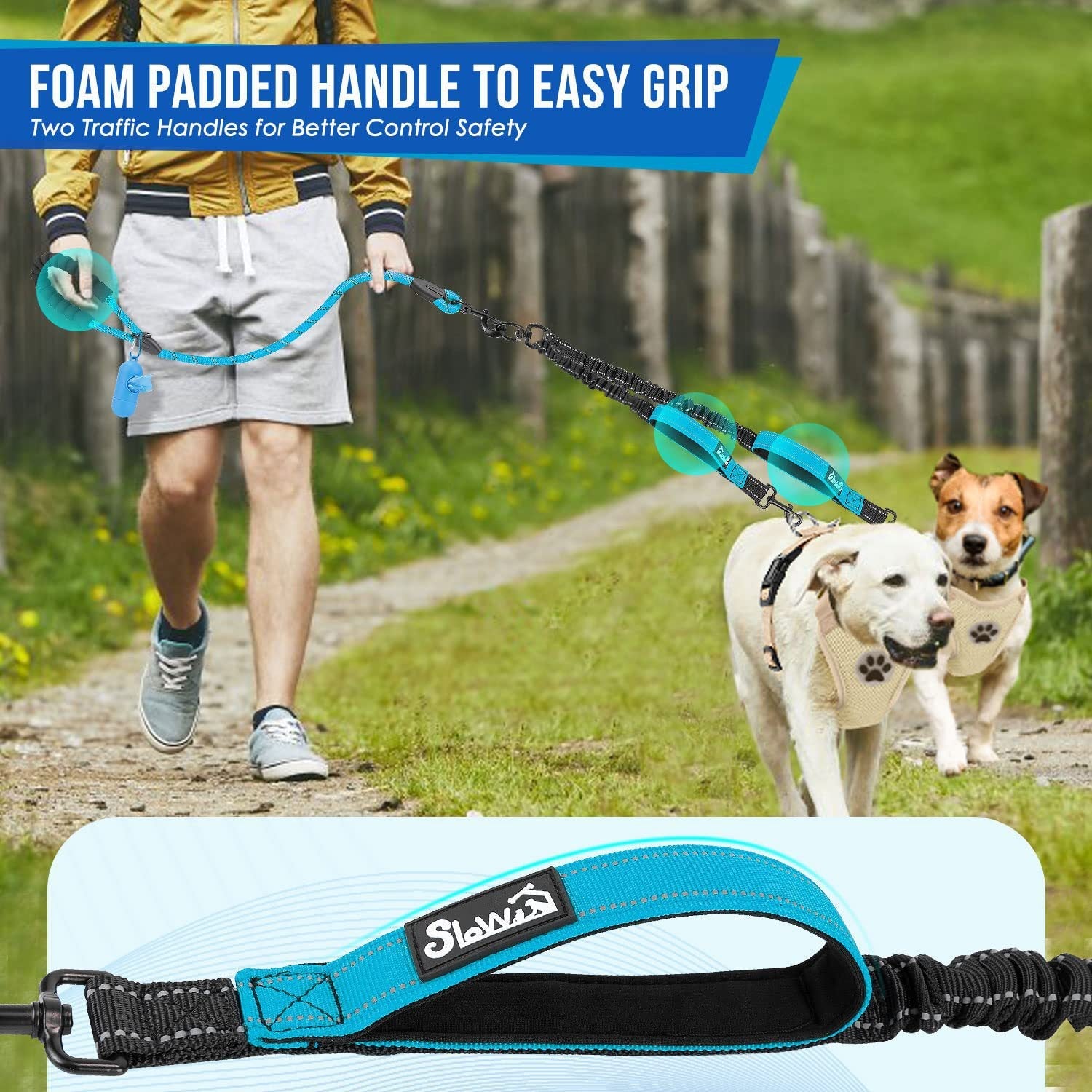 Amazon Double Dog Leash Anti-Escape Cushioning Comfortable 360  Rotating Heavy-Duty Reflective Traction Strap