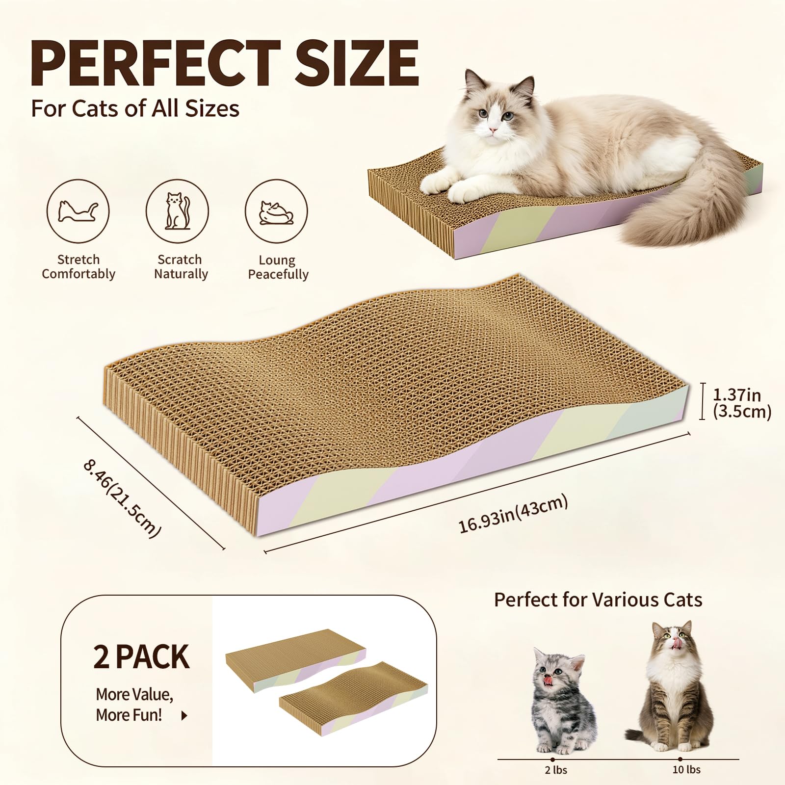 Cat Scratching Board 2-Pack, Reversible Cat Scratcher Pad, Large Odor-free,Double-sided Use,Wave Shape,Sturdy,Extra Large,2 Count,cat Toys
