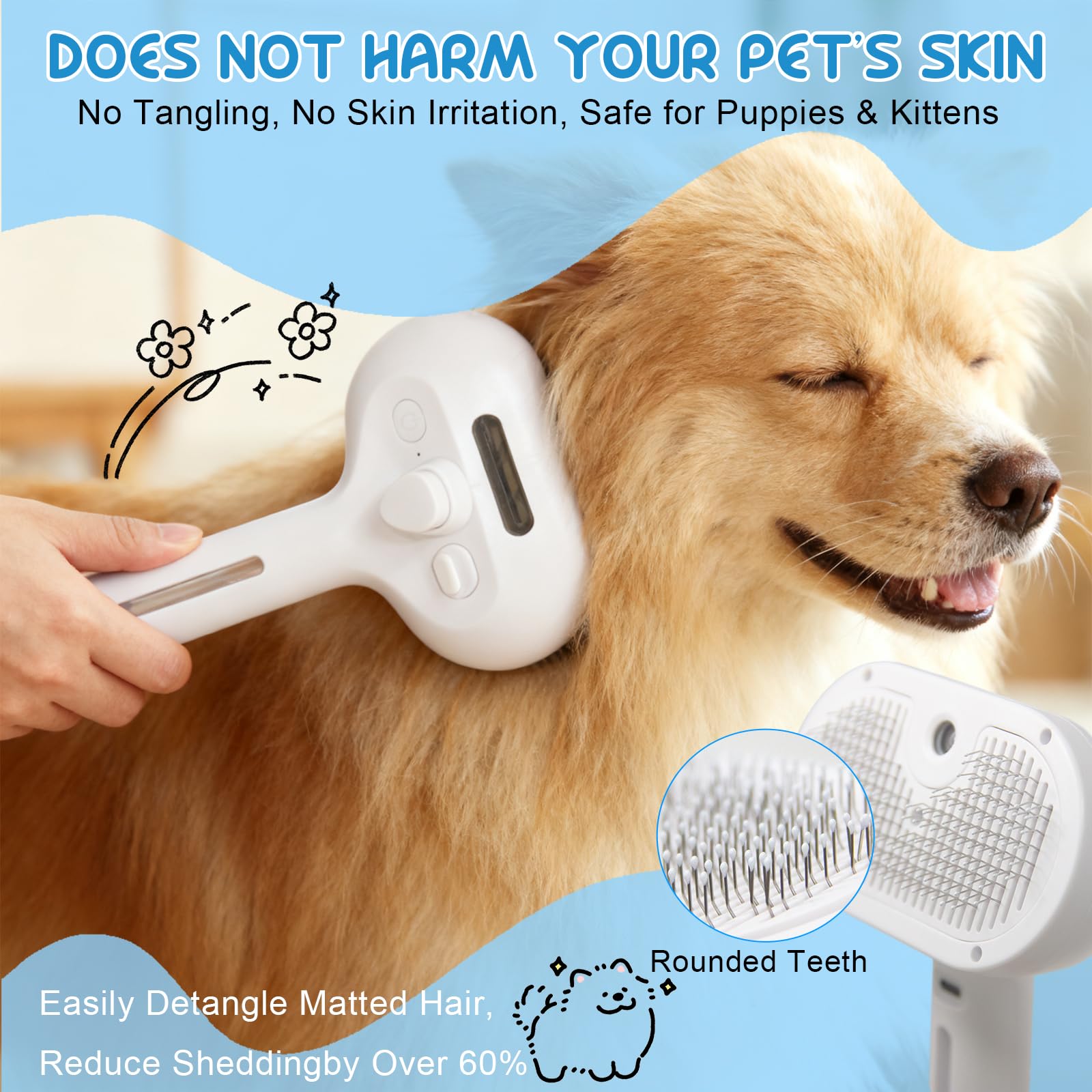 Pet Steam Brush For Cats & Dogs, Cool Mist Self-Cleaning Comb, White Cool Mist Pet Brush With Self-cleaning Hair Release, Stainless Steel Bristles And Grooming Essence For Cats And Dogs