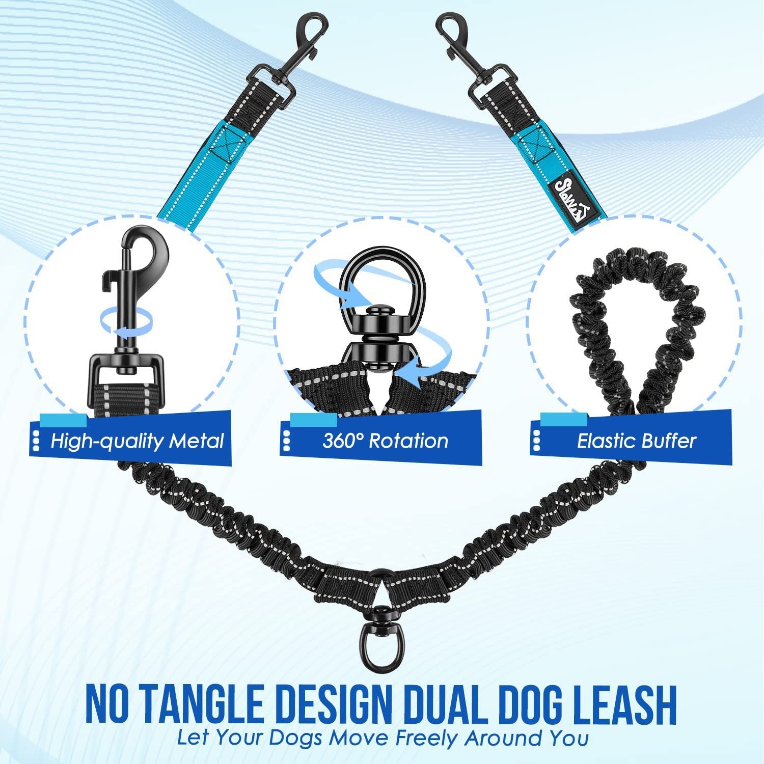 Amazon Double Dog Leash Anti-Escape Cushioning Comfortable 360  Rotating Heavy-Duty Reflective Traction Strap